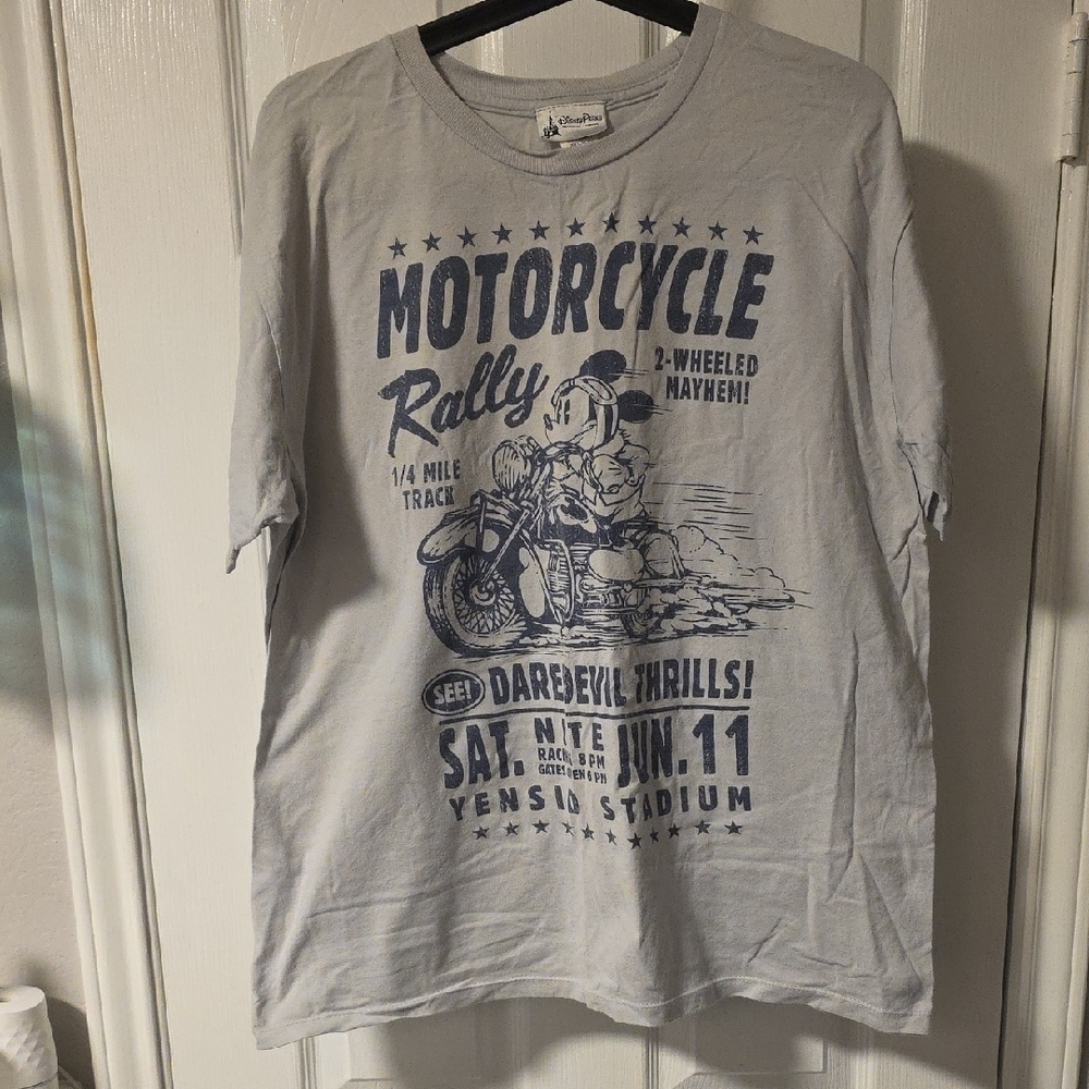Disney Parks Mickey Mouse Motorcycle Light Gray LG Tee
